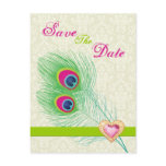 Peacock feather jewel heart wedding Save the Date Postcards