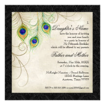 Peacock Feathers Black Damask Quinceanera Party Personalised Invite