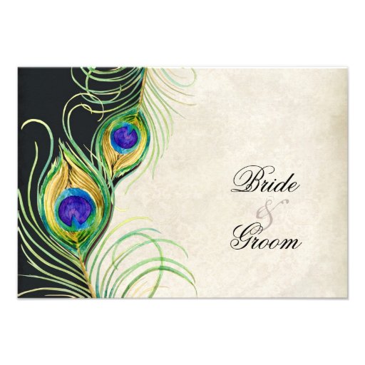 Peacock Feathers Black Damask RSVP Response Card Invite