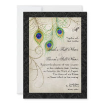 Peacock Feathers Black Damask Wedding Stationery Personalized Announcements