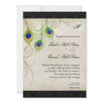 Peacock Feathers Black Damask Wedding Stationery