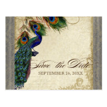 Peacock & Feathers Formal Save the Date Silver Post Card