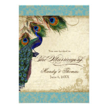Peacock & Feathers Formal Wedding Invite Aqua Blue