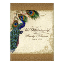 Peacock & Feathers Vintage Gold Look Damask  Swirl Custom Announcement