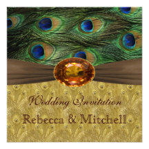 Peacock feathers with faux amber Wedding Personalized Invite