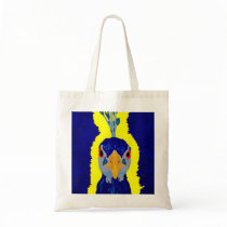 Peacock painting abstract with orange eyes tote bags