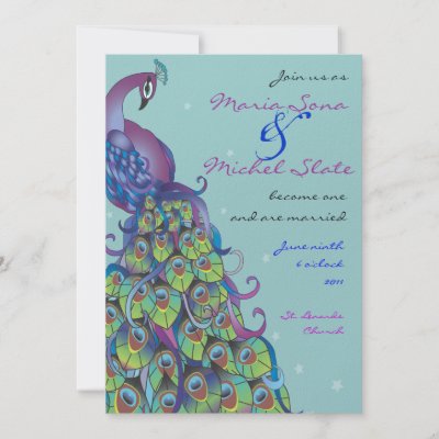 Peacock Theme Wedding Invitation Invite light Blue by Marlalove73