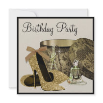 Pearls High Heel Shoes Black Gold Womans Birthday Custom Invites