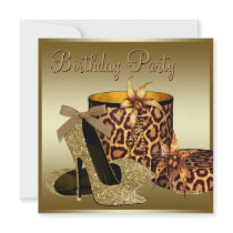 Pearls High Heel Shoes Black Gold Womans Birthday Personalized Invites
