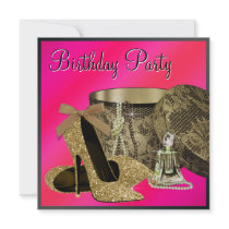 Pearls High Heel Shoes Hot Pink Womans Birthday Invites