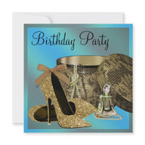 Pearls High Heel Shoes Teal Blue Womans Birthday Personalized Invitations