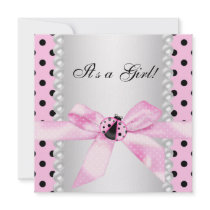 Pearls Ladybug Pink Black Baby Girl Shower Custom Invitation