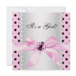 Pearls Ladybug Pink Black Baby Girl Shower invitations