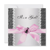 Pearls Ladybug Pink Black Baby Girl Shower Announcement