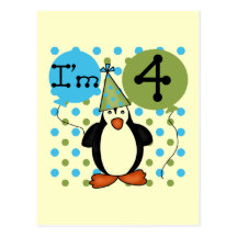 Penguin 4th Birthday Tshirts and Gifts Postcard