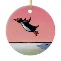 Penguin flying fun whimsical art Eternal Optimist Christmas Tree Ornaments