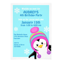 Penguin Girl's Winter Birthday Invitation