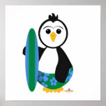 Penguin Holding Surf Board posters