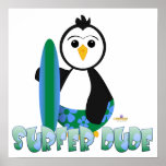 Penguin Holding Surf Board Surfer Dude posters