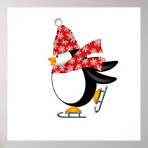 Penguin Ice Skating with Hat and Scarf Bag Posters
