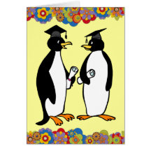 Penguins Graduation Cartoon Girly Flowers Greeting Card
