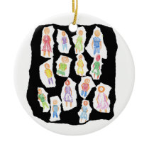 People Colourful Figures Drawing Torn paper agains Christmas Ornaments