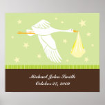 Personalised Baby Wall Art - Stork/Green & Brown posters