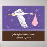 Personalised Baby Wall Art - Stork/Purple & Brown posters