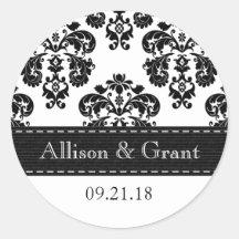 Personalised Black and White Damask Wedding Seals Round Stickers