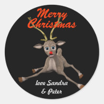 Personalised Christmas Rudolph Black Gift Tag Round Stickers
