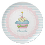 Personalised Cupcakes Blue Stripes with Pink Dinner Plates