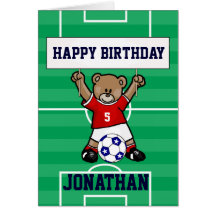 Personalised Cute Soccer Teddy Bear (red) Greeting Cards
