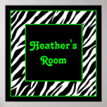 Personalised Kids Wall Decor - Zebra & Lime Green Posters