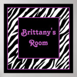 Personalised Kids Wall Decor - Zebra & Purple Poster