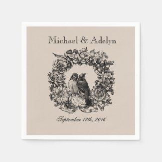 Personalised Love Birds Wreath Wedding Napkins Paper Napkins