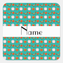 Personalised name green baseball pattern square stickers
