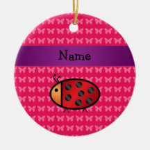 Personalised name ladybug pink butterflies christmas tree ornaments