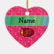 Personalised name ladybug pink floral pattern christmas ornaments