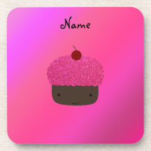 Personalised name pink glitter cupcake coaster