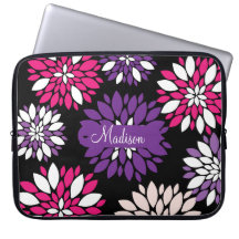 Personalised Name Purple Pink Flower Art on Black Laptop Computer Sleeve