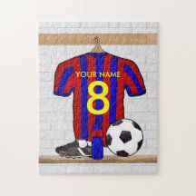 Personalised Red and blue football soccer Jersey Jigsaw Puzzles