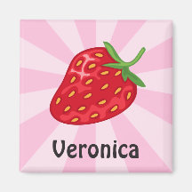 Personalised red ripe strawberry on pink sunburst refrigerator magnets