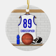 Personalised white Blue Basketball Jersey Christmas Tree Ornament