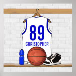 Personalised white Blue Basketball Jersey Posters