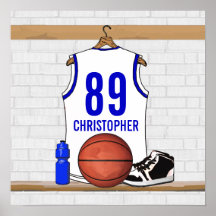 Personalised white Blue Basketball Jersey Posters