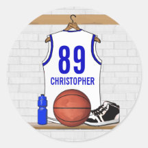 Personalised white Blue Basketball Jersey Round Sticker
