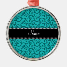 Personalized custom name turquoise swirls christmas tree ornaments