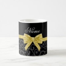 Personalized name black swirls gold glitter bow mugs