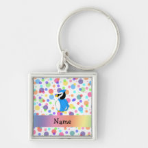 Personalized name bluejay rainbow polka dots keychains