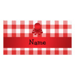 Personalized name cute octopus red checkers photo cards